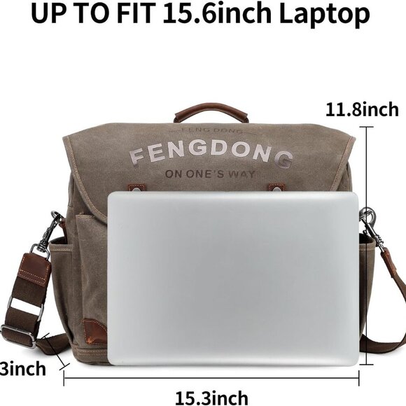 Mens Messenger Bag 15.6 Inch Vintage Waxed Canvas Genuine Leather Briefcase Leat - Picture 4 of 6